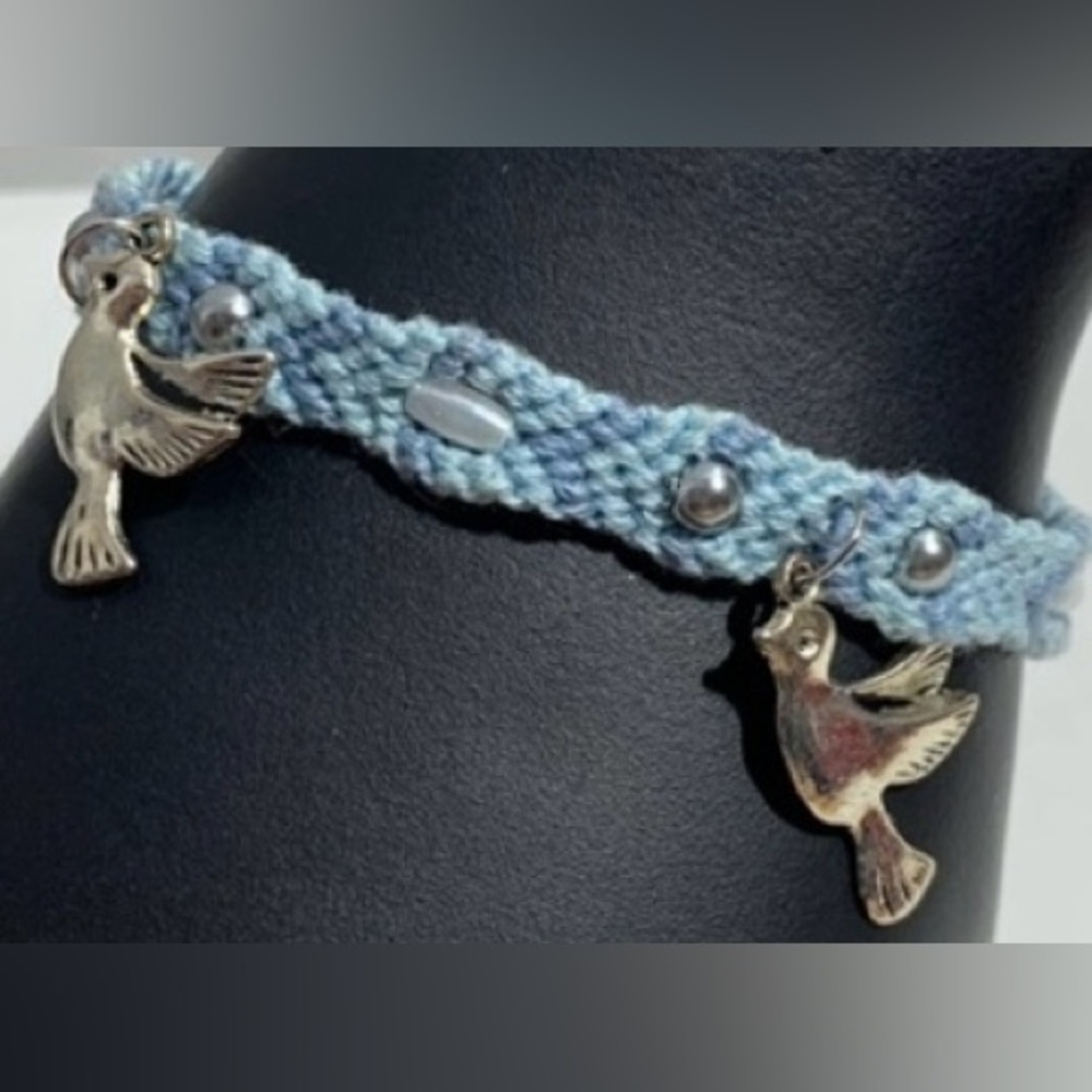 Hand crafted beaded with silver bird charms macrame bracelet
